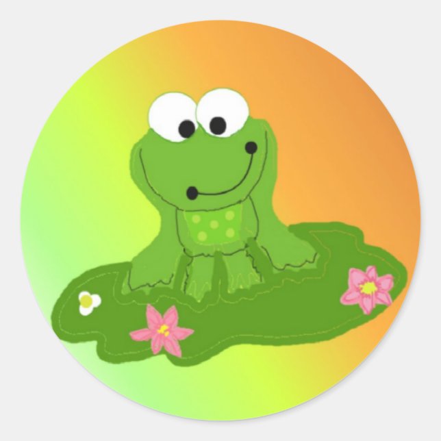 Sticker Rond Grenouille verte amusante sur un tapis de Lily (Devant)