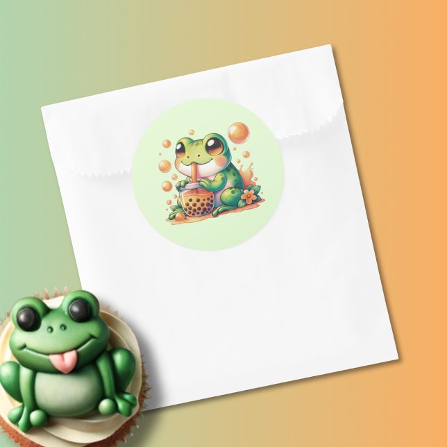 Sticker Rond Grenouille verte Boire Boba Orange (Créateur téléchargé)