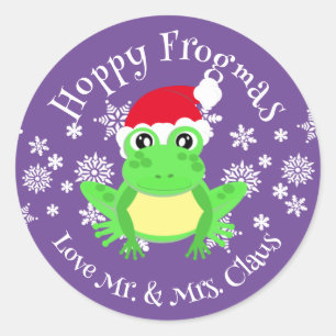 Sticker Rond Grenouille verte mignonne Noël Chapeau de Noël Car