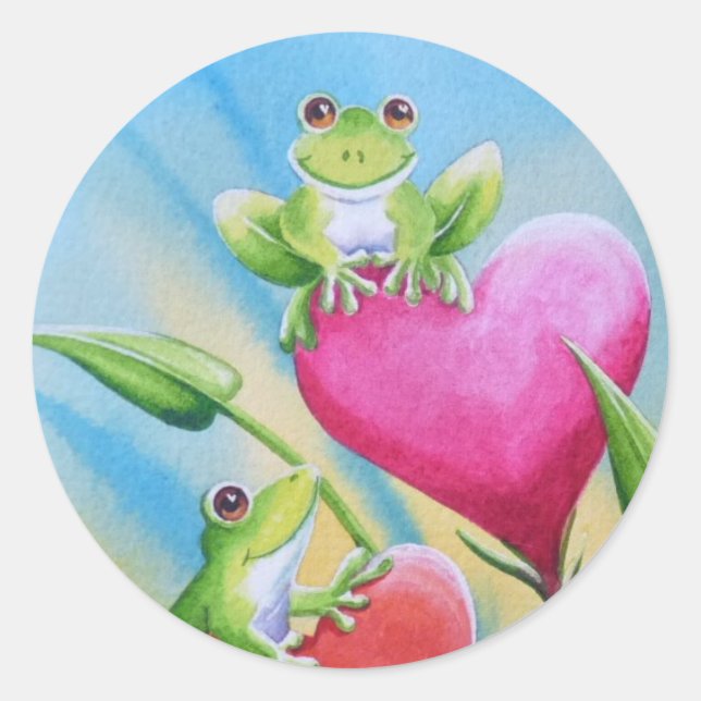 Sticker Rond Grenouilles et coeurs Whimsical Aquarelle Art (Devant)