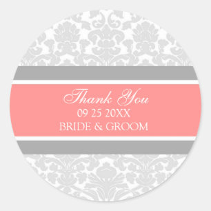 Sticker Rond Grey Coral Damask Merci Wedding Favor Tags