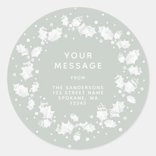 Sticker Rond Grey Green Christmas Holly Wreath Return Adresse (Devant)