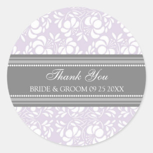 Sticker Rond Grey Lilac Damask Merci Wedding Favor Tags