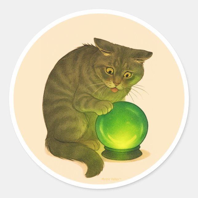 Sticker Rond Grey Shorthair cat with green crystal ball (Devant)