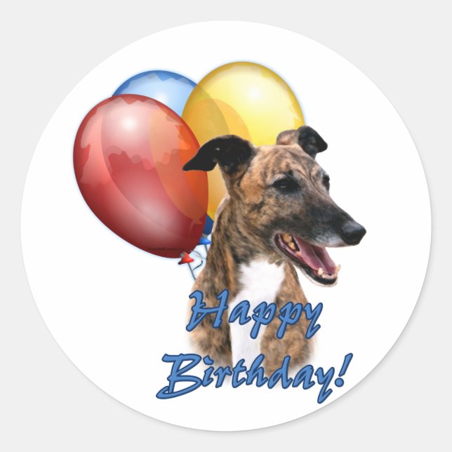 Sticker Rond Greyhound Joyeux Ballons d'Anniversaire. (Devant)