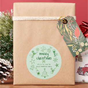 Sticker Rond Gribouillages Paillettes Vert Joyeux Noël