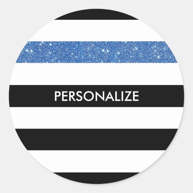 Sticker Rond Grilles noires modernes FAUX Blue Glitz et nom (Devant)