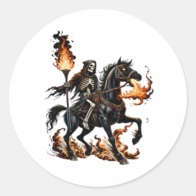 Sticker Rond Grim Reaper Skeleton équitation Horse Flames (Devant)