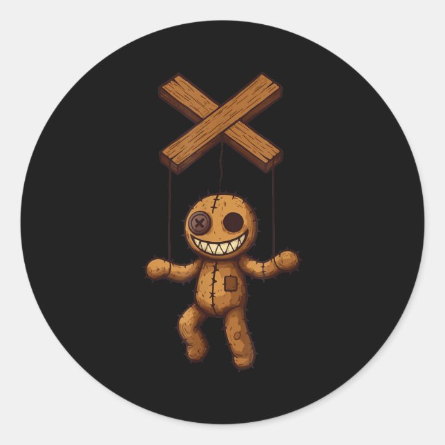 Sticker Rond Grimstring – Soky Playful Puppet Marionette Cartoo (Devant)