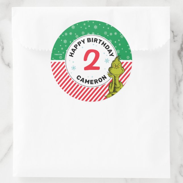 Sticker Rond Grinch Rouge et Vert Anniversaire Flocon de Neige (Sac)