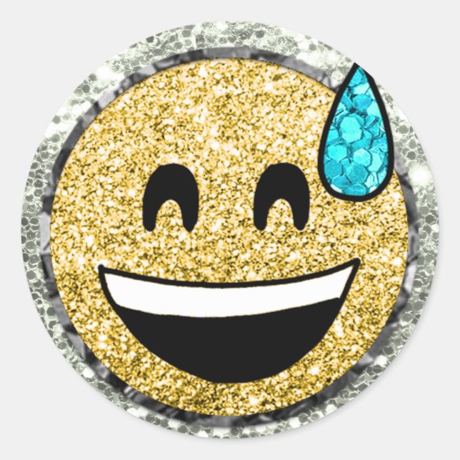 Sticker Rond *~* Grinning Face Sweat Emoji AP40 Gold Parties sc (Devant)