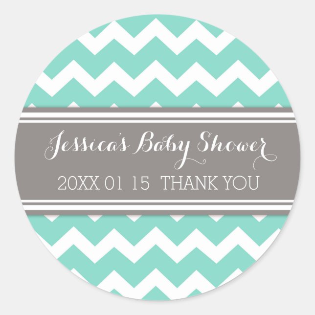 Sticker Rond Gris Aqua Chevron Baby shower Favoriser les autoco (Devant)