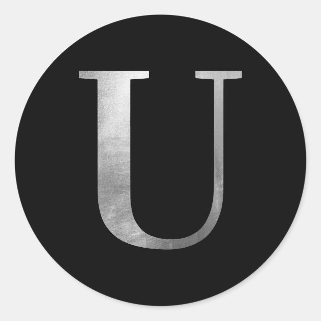 Sticker Rond Gris argenté Monogramme U sur fond noir (Devant)