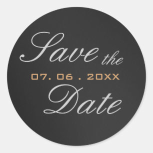 Sticker Rond Gris Attrayant Écriture Save the Date Calligraphie