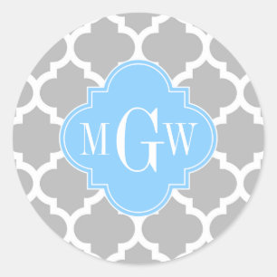 Sticker Rond Gris Blanc Marocain #5 Bleu Ciel 3 Initiale Monogr