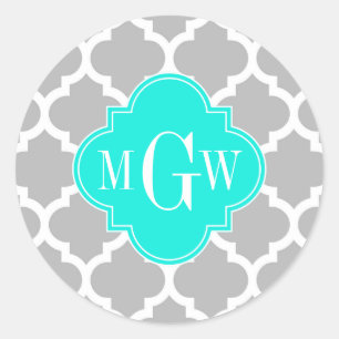 Sticker Rond Gris Blanc Marocain #5 Brt Aqua 3 Monogramme initi