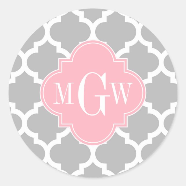 Sticker Rond Gris Blanc Marocain #5 Rose 3 Initiale Monogramme (Devant)