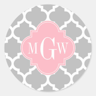 Sticker Rond Gris Blanc Marocain #5 Rose 3 Monogramme initial
