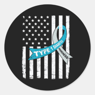 Sticker Rond Gris Bleu Ruban Américain Drapeau Type 1 Diabète A