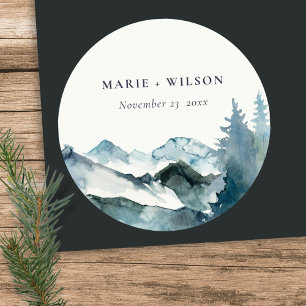 Sticker Rond Gris Blush Green Blue Mountains Pine Mariage