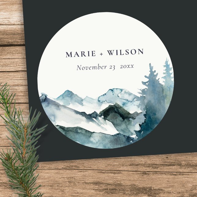 Sticker Rond Gris Blush Green Blue Mountains Pine Mariage (Créateur téléchargé)