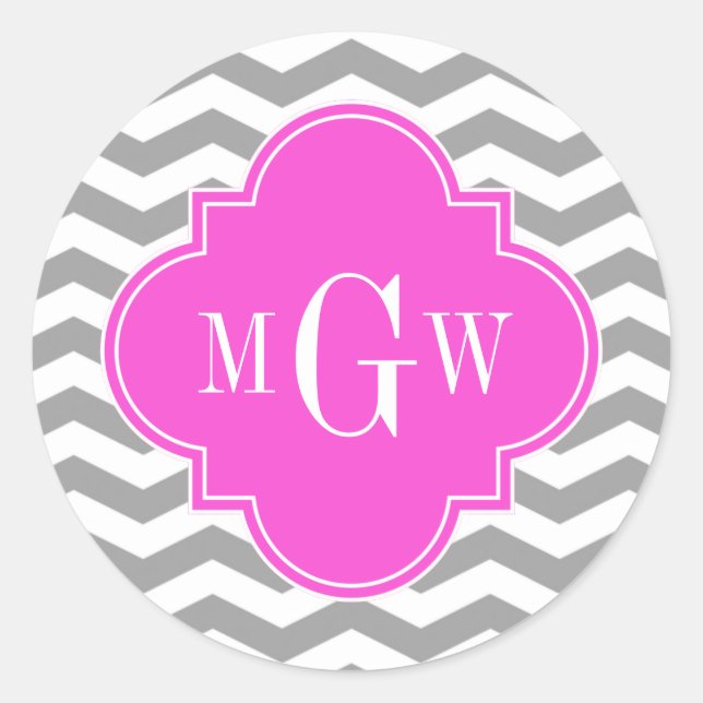 Sticker Rond Gris Chevron Rose Chaud Quatrefoil 3 Monogram Tn (Devant)