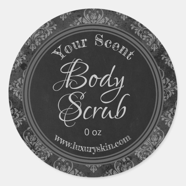 Sticker Rond Gris Damask Charcoal Chalkboard Body Scruter Étiqu (Devant)