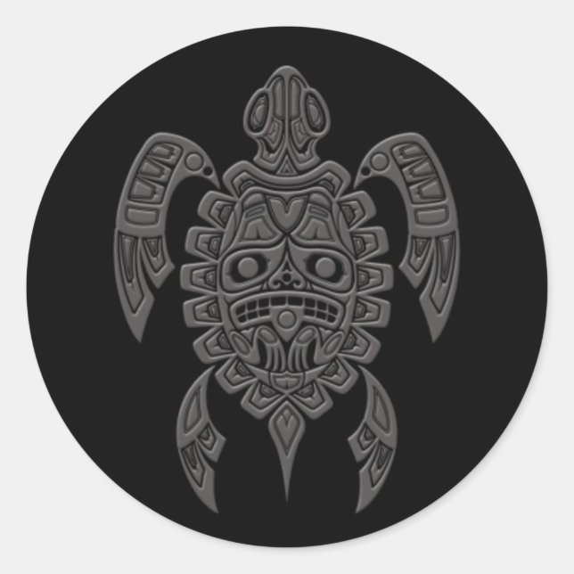 Sticker Rond Gris Haida Spirit Tortue marine sur Noir (Devant)