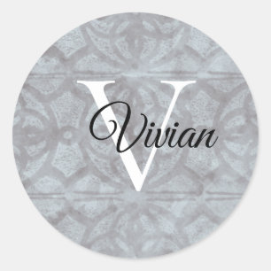 Sticker Rond Gris Heather Avec Nom De Monogramme Blanc