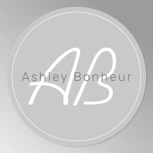 Sticker Rond Gris modernes et blanc Nom cool et monogramme