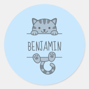 Sticker Rond Gris Tabby Chat Pékin derrière Nom personnalisé Bl