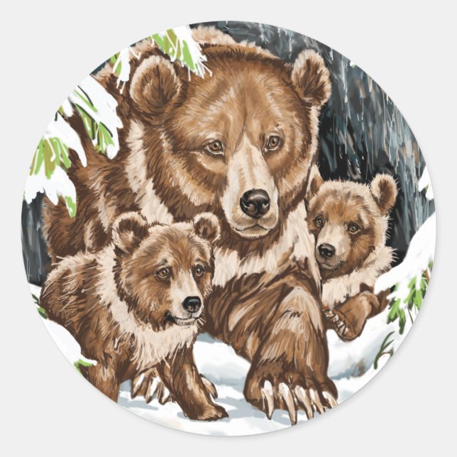 Sticker Rond Grizzly Bear Mère et Cubs en hiver (Devant)