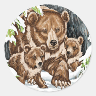 Sticker Rond Grizzly Bear Mère et Cubs en hiver