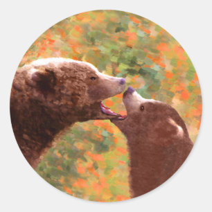 Sticker Rond Grizzly Bear Mom and Cub Painting - Wildlife Art