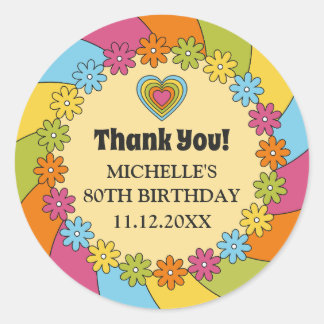 Sticker Rond Groovy 1960s Retro Colorful Flowers Hearts Waves 