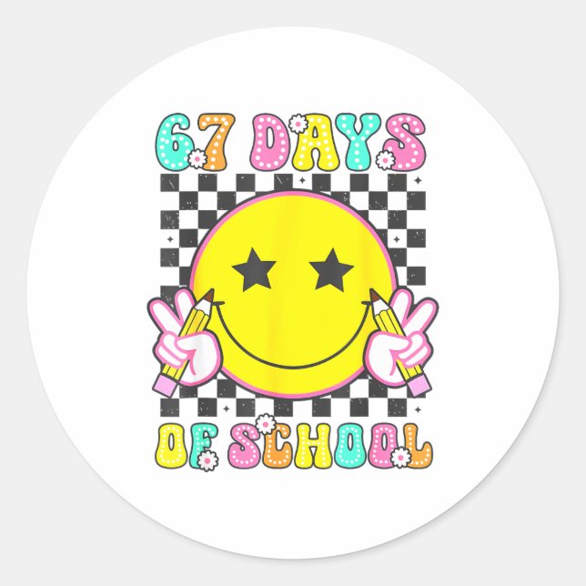 Sticker Rond Groovy 67 Days Of School Smile Face Teacher Kids W (Devant)