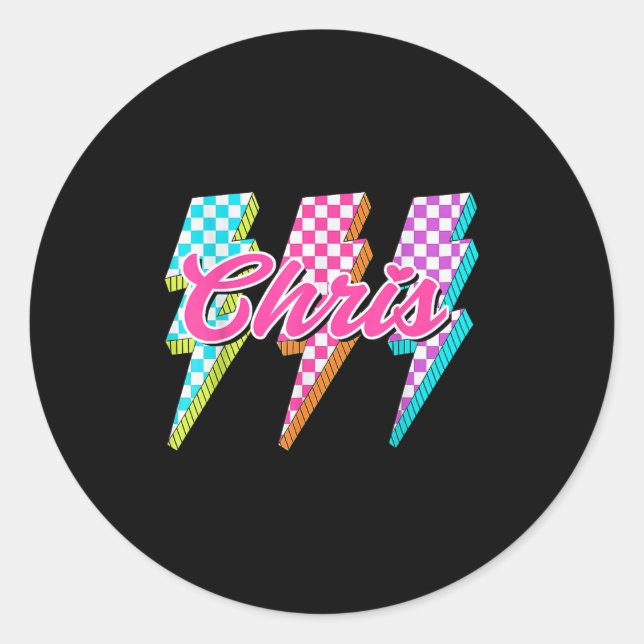 Sticker Rond Groovy Chris Lightning Bolt Checkered I Love Meme  (Devant)
