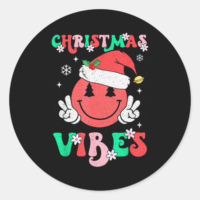 Sticker Rond Groovy Christmas Vibes Smile Face Santa Hat Xmas T (Devant)