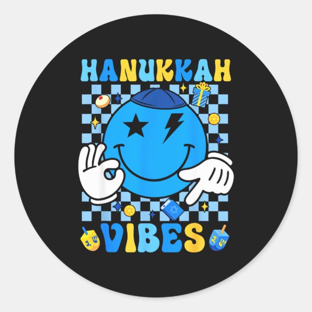 Sticker Rond Groovy Hanukkah Vibes Chanukah Pajama Happy Hanukk (Devant)