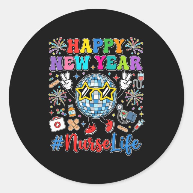 Sticker Rond Groovy Happy New Year 2026 Nurse Life Disco Ball F (Devant)