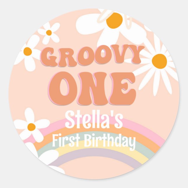 Sticker Rond Groovy One Daisy Retro Rainbow (Devant)
