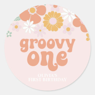 Sticker Rond Groovy One Retro Floral premier anniversaire