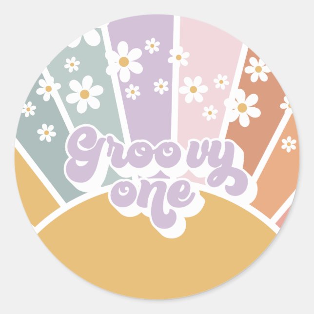 Sticker Rond Groovy One Retro Sunshine Rainbow Daisy (Devant)