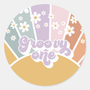 Sticker Rond Groovy One Retro Sunshine Rainbow Daisy