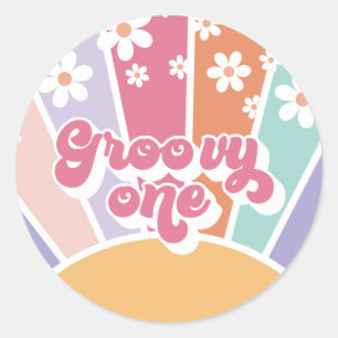Sticker Rond Groovy One Retro Sunshine Rainbow Daisy