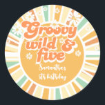 Sticker Rond Groovy wild and five retro sun kids birthday<br><div class="desc">objet d'anniversaire de soleil</div>