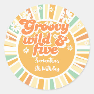 Sticker Rond Groovy wild and five retro sun kids birthday