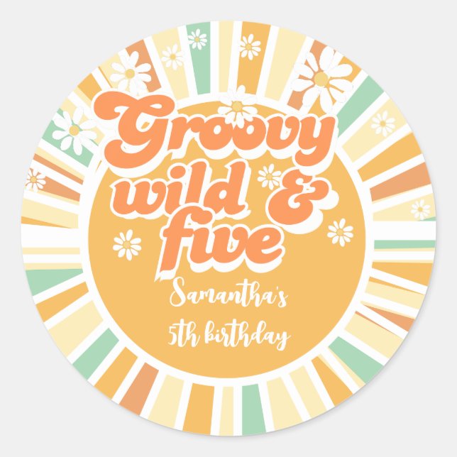 Sticker Rond Groovy wild and five retro sun kids birthday (Devant)