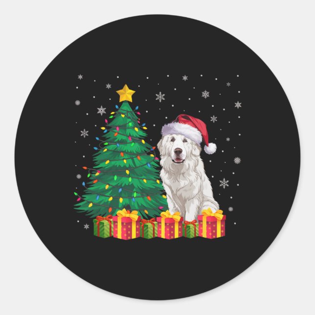 Sticker Rond Gros Pyrénées Santa Hat Noël Lumières Chien (Devant)