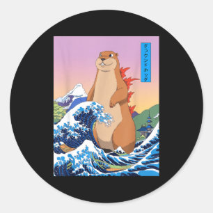 Sticker Rond Groundhogzilla drôle grande vague japonaise anime